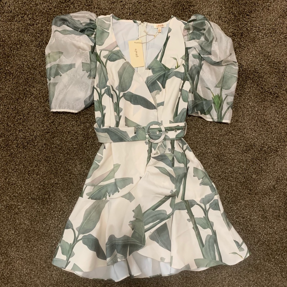 Red Dress Boutique White Mini Dress with Green Leaf Print